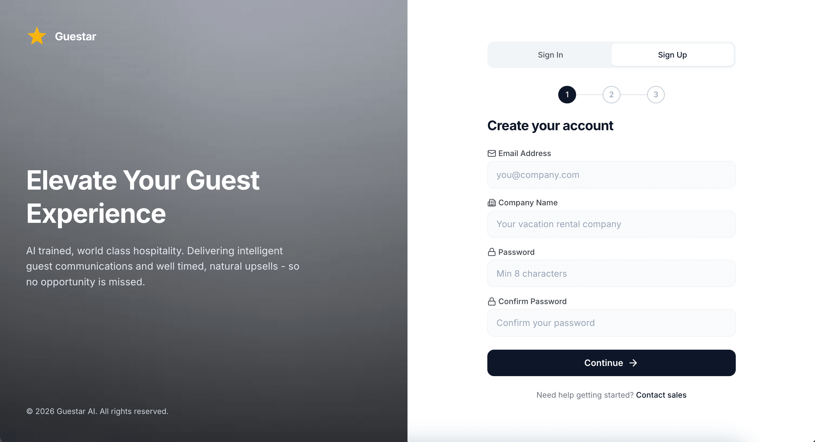 Guestar Create Account Screen