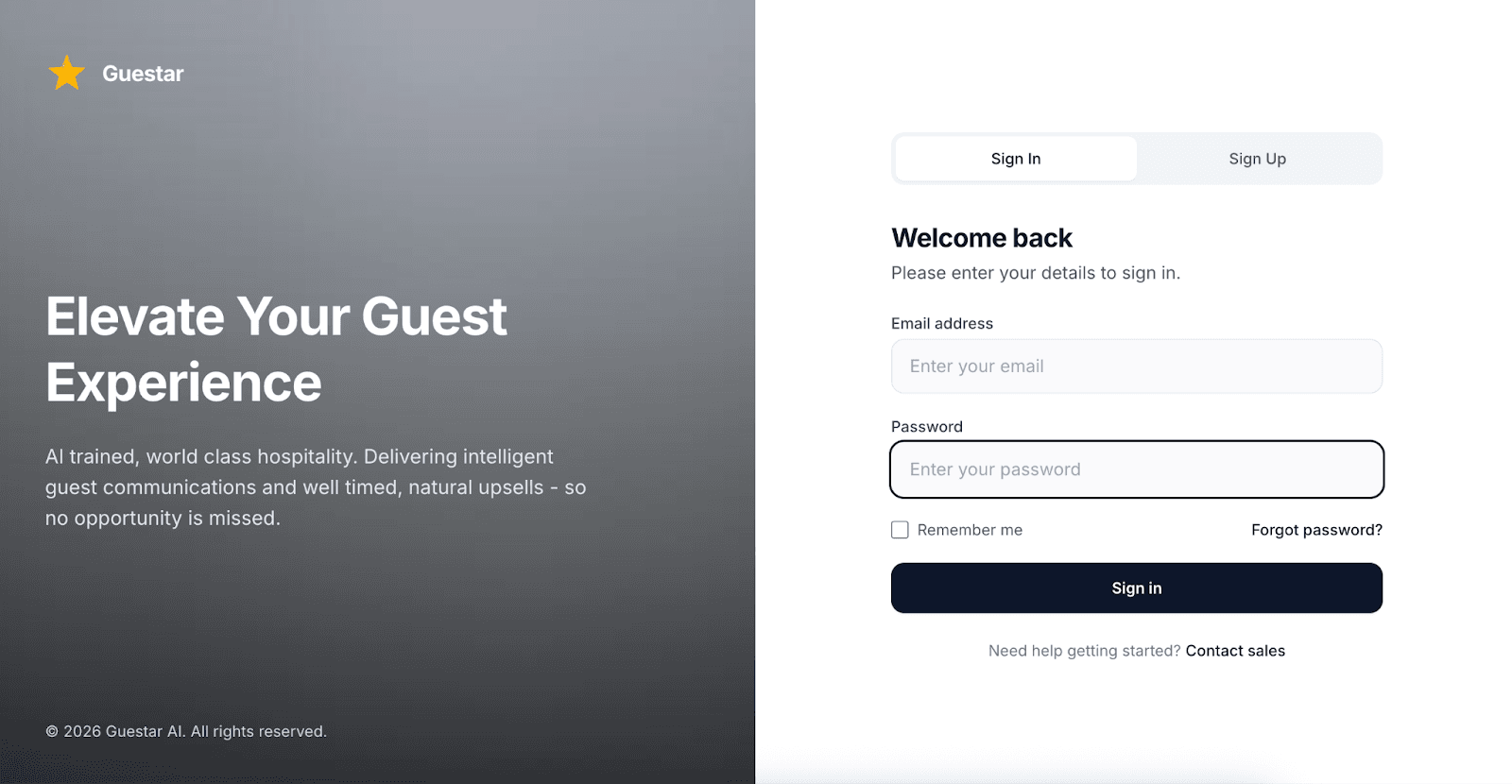 Guestar Login Screen