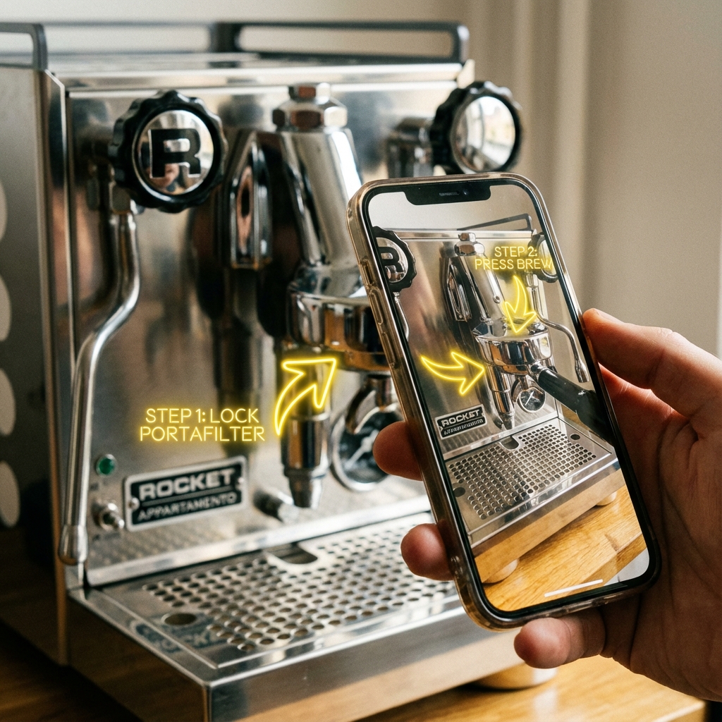 A guest using Guestar to see step-by-step visual instructions for a high-end espresso machine.